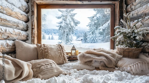 Nordic snow scene with wooden frame in cozy winter cabin. Cool blues and snowy whites