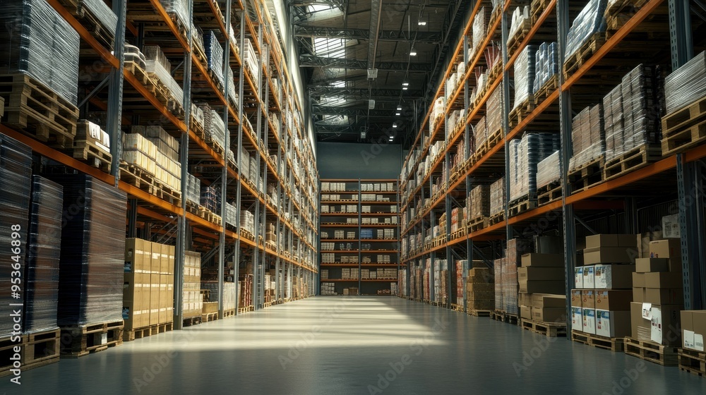 Interior of a large logistics warehouse with high shelves stocked with goods, highlighting the scale and complexity of industrial storage and distribution. - Interior of a large logistics warehouse with high shelves stocked with goods, highlighting the scale and complexity of industrial storage and distribution. -
