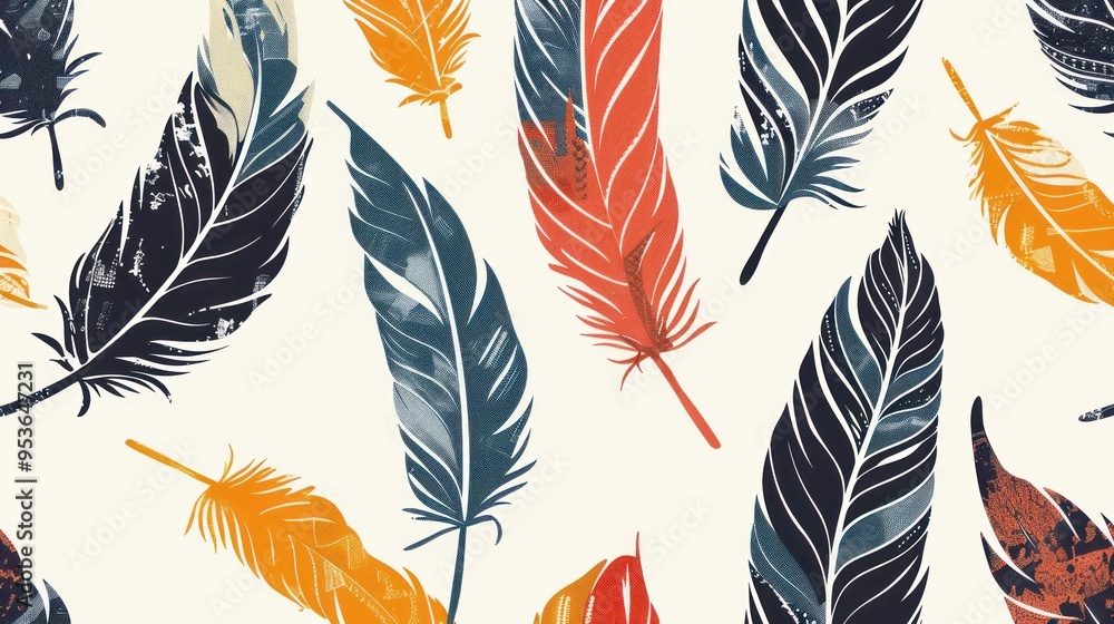 A seamless pattern of stylized feathers in a bold graphic style, reminiscent of Art Deco A seamless pattern of stylized feathers in a bold graphic style, reminiscent of Art Deco