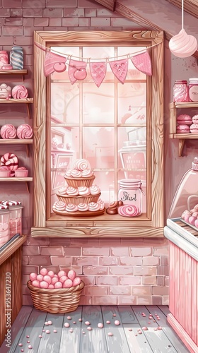 Pastel candy shop background with wooden frame in whimsical bakery. Soft pinks and playful design