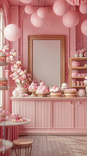 Pastel candy shop background with wooden frame in whimsical bakery. Soft pinks and playful design