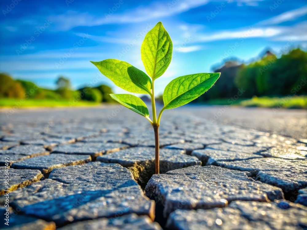 A lush green sapling sprouts from a cracked pavement, symbolizing resilience and steady growth amidst adversity, with A lush green sapling sprouts from a cracked pavement, symbolizing resilience and steady growth amidst adversity, with