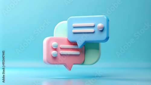 Minimalistic 3D render of floating chat bubbles in pastel colors against a soft blue background. Perfect for representing online communication, messaging apps, and social media.