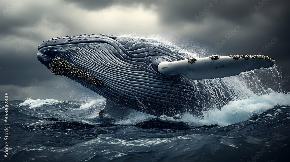 Fototapeta premium A humpback whale breaches the surface of the ocean, creating a spray of water, with a stormy sky above.
