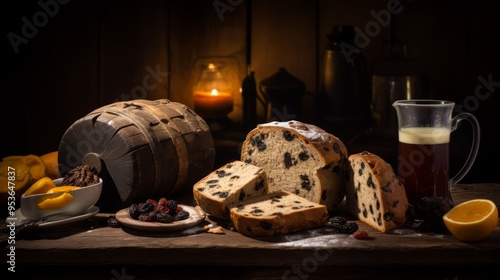 Barmbrack or bairin breac a traditional Irish fruit loaf made with sultanas and raisins. Neural network ai generated art photo