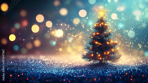 Christmas holiday background with defocused silhouette of Christmas tree glowing light bokeh lights