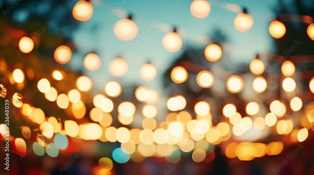 Obraz premium Abstract cream background with blurry festival lights and outdoor celebration bokeh 