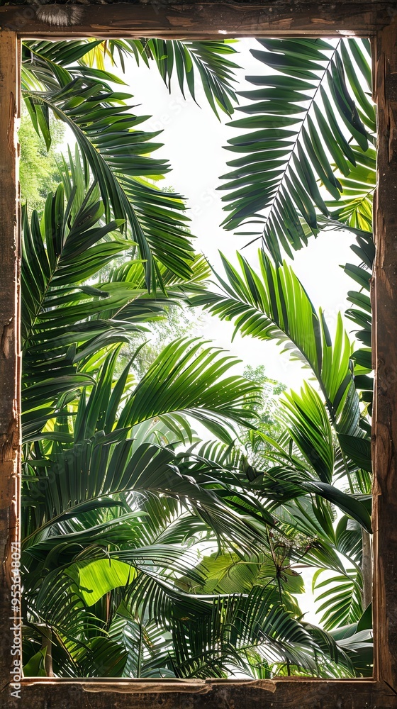 Fototapeta premium Rainforest canopy background with rustic wooden frame in tropical-themed bathroom. Lush greens and tranquility
