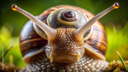 A macro shot of a snail's head, revealing two tentacle-like eyes protruding from its slimy skin, providing a photo