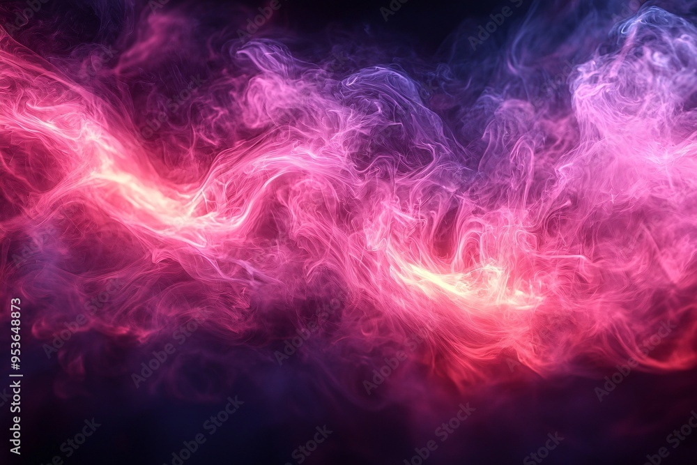 Fototapeta premium Ethereal soft pink and white smoke on a black backdrop, perfect for Halloween themes, spooky graphics, and eerie decorations with copy space.