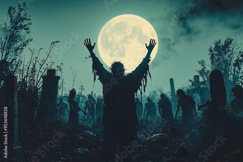 A chilling Halloween scene depicting zombies rising from their graves under a full moon, perfect for horror-themed events and promotions, with copy space.