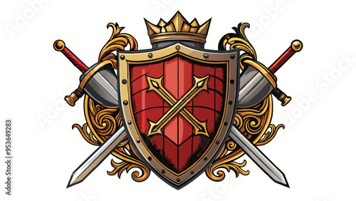 Heraldic Shield Tattoo Design with Swords and Crown in Red and Gold