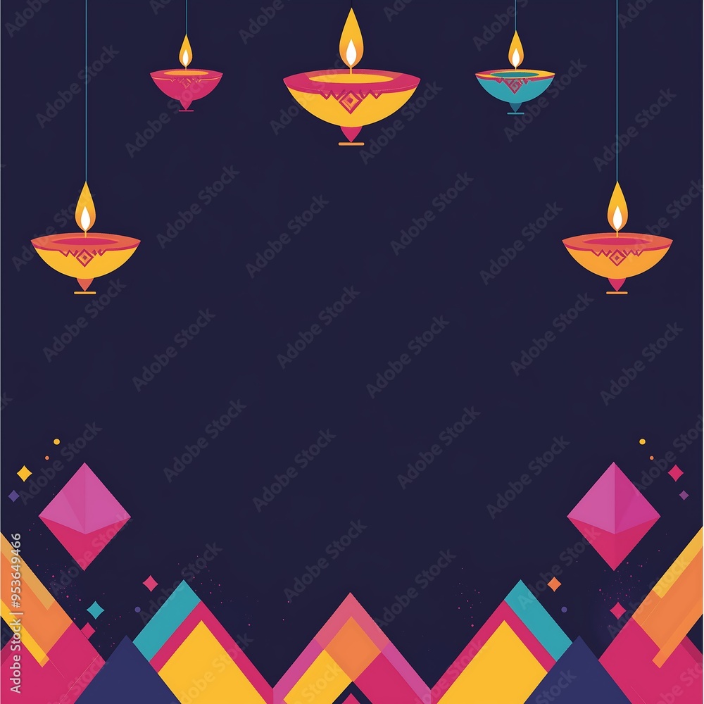 Ornate Hanging Lamps with Geometric Border, Festive Lanterns with Colorful Triangular Pattern Ornate Hanging Lamps with Geometric Border, Festive Lanterns with Colorful Triangular Pattern