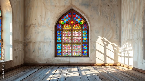Stained glass window background with wooden frame in spiritual library. Colorful light and sacred motifs, white background