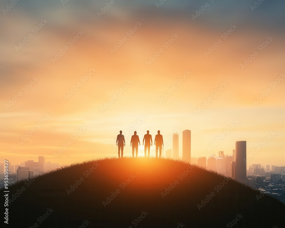 Obraz premium People standing on a grassy hill overlooking a cityscape at sunset, blending nature and urban life, contrast, sunset, nature, urban