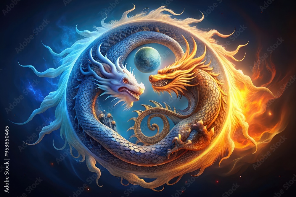 A majestic dragon circles a glowing yin-yang symbol, blending elements of ancient mythology and philosophical harmony, set against a mysterious, dark blue background. A majestic dragon circles a glowing yin-yang symbol, blending elements of ancient mythology and philosophical harmony, set against a mysterious, dark blue background.