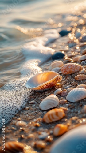 A tranquil beach scene featuring various seashells scattered along the shoreline, with gentle waves lapping at the sand.