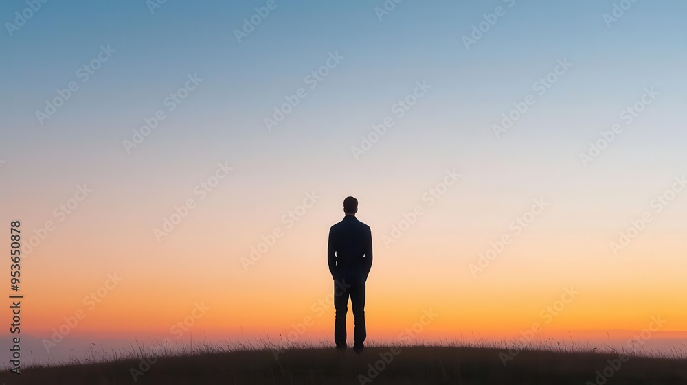 Silhouetted figure standing at the edge of a grassy field at sunset, contemplating the vast horizon, solitude, sunset, nature, contemplation Silhouetted figure standing at the edge of a grassy field at sunset, contemplating the vast horizon, solitude, sunset, nature, contemplation