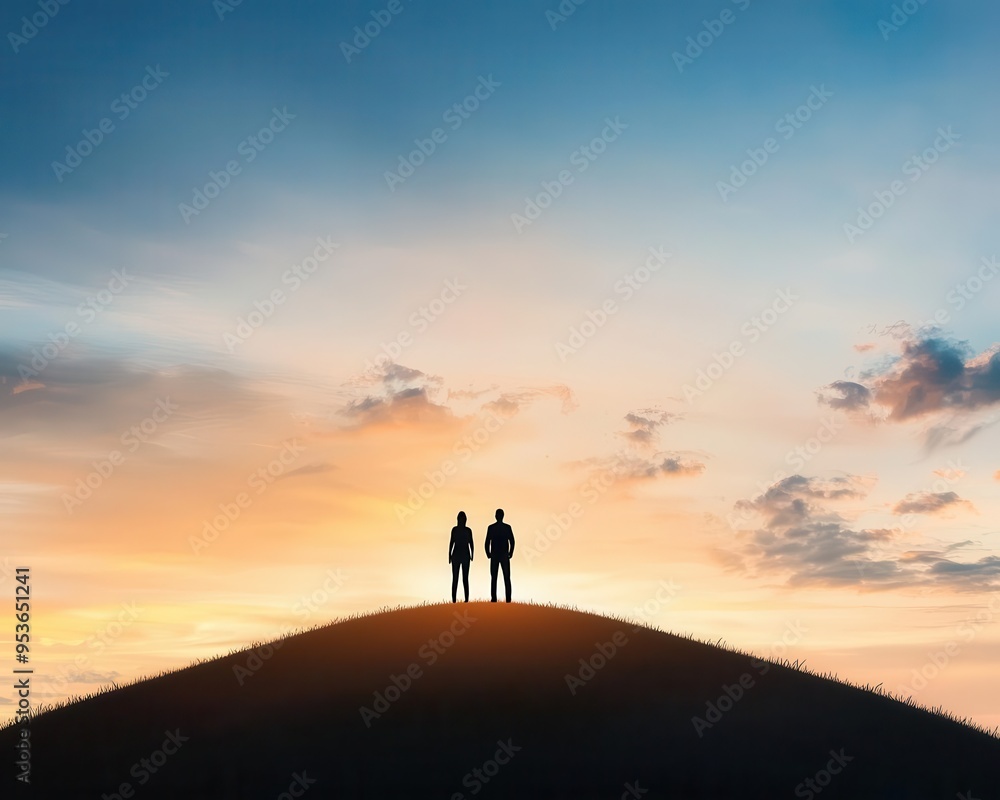 Silhouetted figures standing on a hilltop field at sunset, watching the clouds roll in, nature, sunset, anticipation, serenity Silhouetted figures standing on a hilltop field at sunset, watching the clouds roll in, nature, sunset, anticipation, serenity