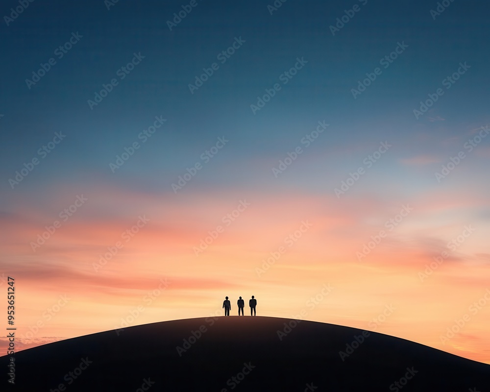 Silhouetted figures standing on a hilltop field at sunset, watching the clouds roll in, nature, sunset, anticipation, serenity Silhouetted figures standing on a hilltop field at sunset, watching the clouds roll in, nature, sunset, anticipation, serenity