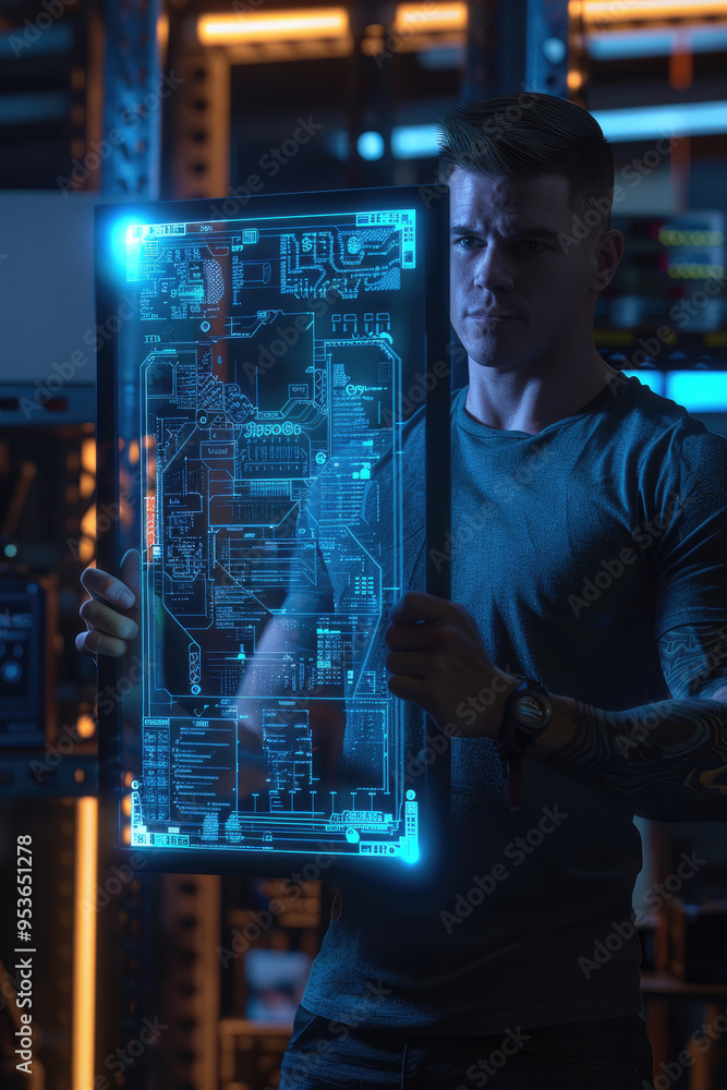 A man in a server room examines a glowing digital blueprint, featuring intricate designs, during a night shift focused on technology A man in a server room examines a glowing digital blueprint, featuring intricate designs, during a night shift focused on technology