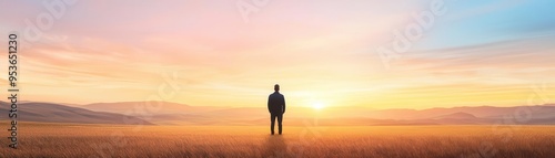 Silhouetted figure standing in a desert field at sunset, capturing the vastness and beauty of the landscape, wilderness, sunset, nature, solitude