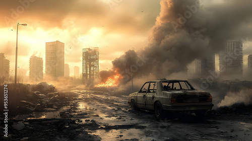 A lone car sits in a city d...