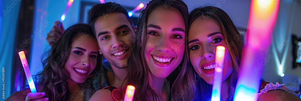 Obraz premium Friends enjoy a lively celebration with glowing light sticks, capturing joyful moments and smiles in a lively atmosphere