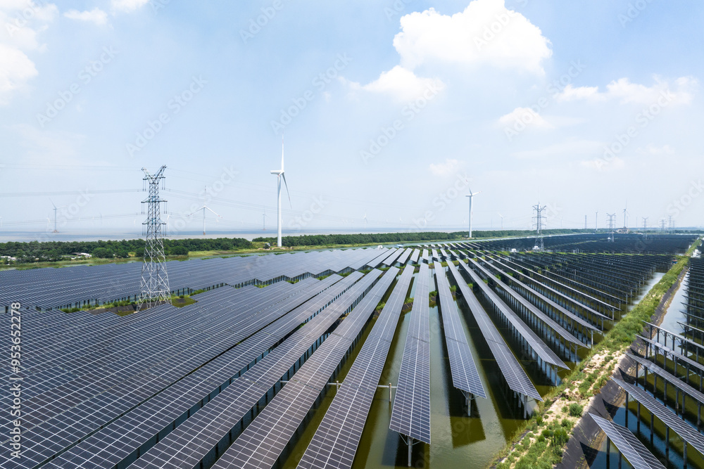 solar power station and wind power turbine over water solar power station and wind power turbine over water