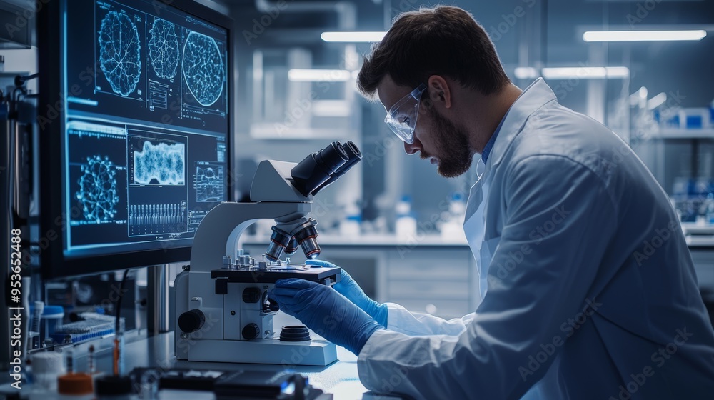 Male Scientist Analyzing Samples Under Microscope in Laboratory Research Science Technology Focus Scientific Study Male Scientist Analyzing Samples Under Microscope in Laboratory Research Science Technology Focus Scientific Study