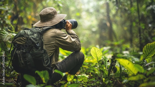 Wallpaper Mural Wildlife Photographer in Dense Jungle Capturing Nature with Camera and Backpack Torontodigital.ca