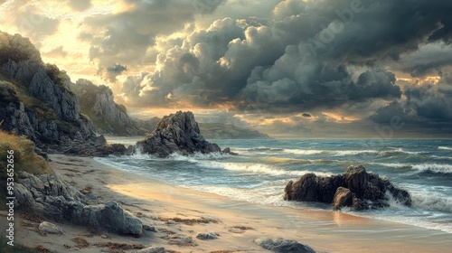 A serene coastal landscape with dramatic skies and gentle waves, capturing the beauty of nature at sunset.