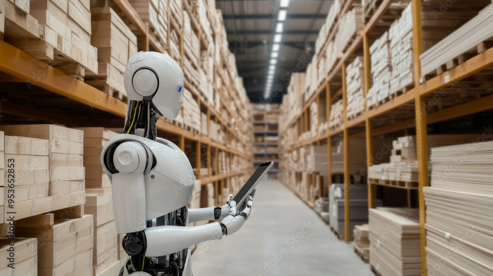 Warehouse robot moving pallets in large storage facility Warehouse robot moving pallets in large storage facility