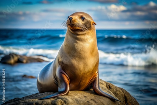 A majestic sea lion proudly displays its impressive flipper, glistening whiskers, and shiny coat, posed on a rocky