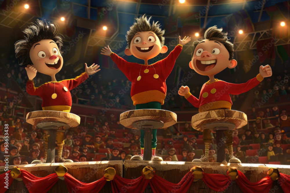 Fototapeta premium Three animated characters with cheerful expressions entertain an enthusiastic crowd at a lively circus performance, standing on wooden platforms