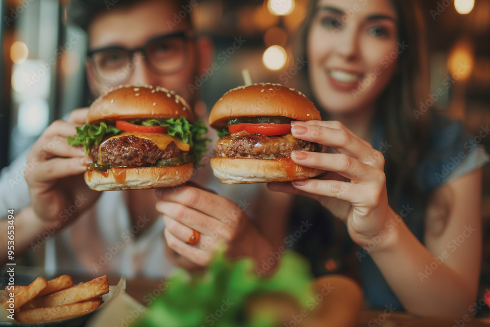 A happy couple eating fresh hamburger at pub restaurant table. A happy couple eating fresh hamburger at pub restaurant table.