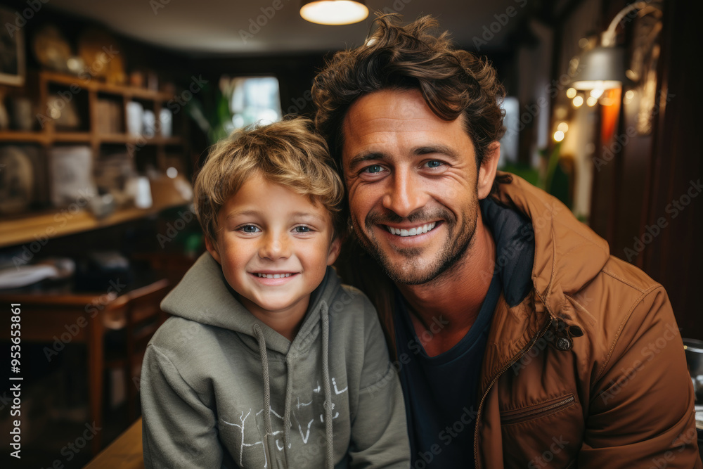 A father and son proudly smile at the camera while sitting closely together in a warm and inviting café setting A father and son proudly smile at the camera while sitting closely together in a warm and inviting café setting