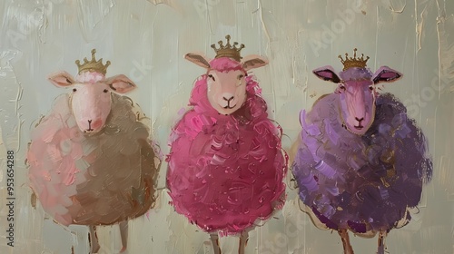 three sheep, one pink with crown on head, two purple with crowns on heads, full body, oil painting, minimalist art, neutral background,  photo