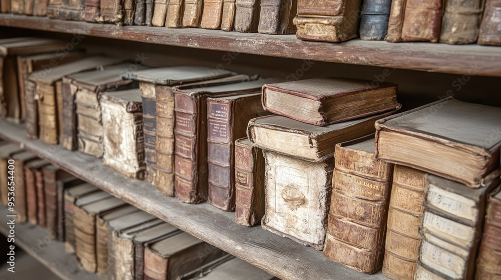 Old leather bound books on a shelf. The image is a close-up of several books on a shelf, perfect for a website or blog on history, literature, or education. Old leather bound books on a shelf. The image is a close-up of several books on a shelf, perfect for a website or blog on history, literature, or education.