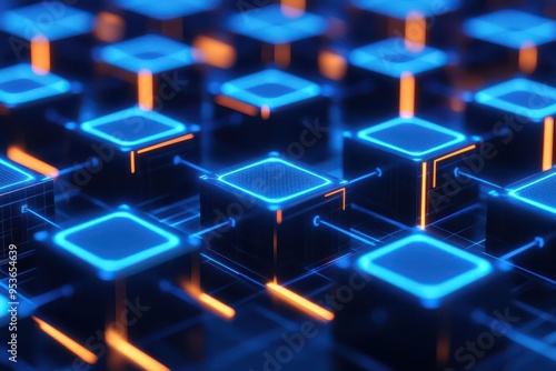 AI-powered global network system, visualized as interconnected glowing cubes, dark futuristic background, blue neon glow