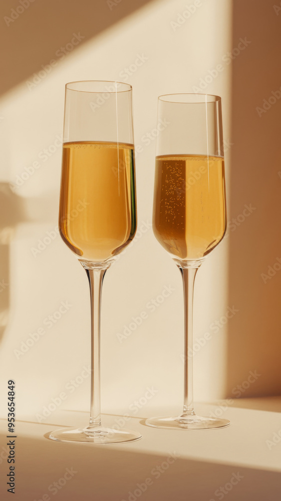 Two champagne glasses with golden liquid on light beige background Two champagne glasses with golden liquid on light beige background