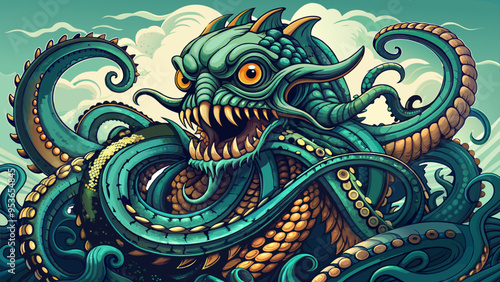 Fierce Kraken Tattoo Design with Tentacles in Teal and Green Tones