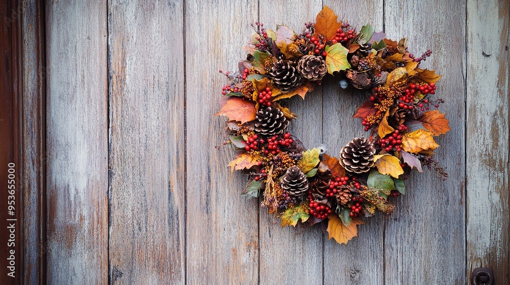 Autumn wreath with colorful leaves berries and pine cones on wooden door Autumn wreath with colorful leaves berries and pine cones on wooden door