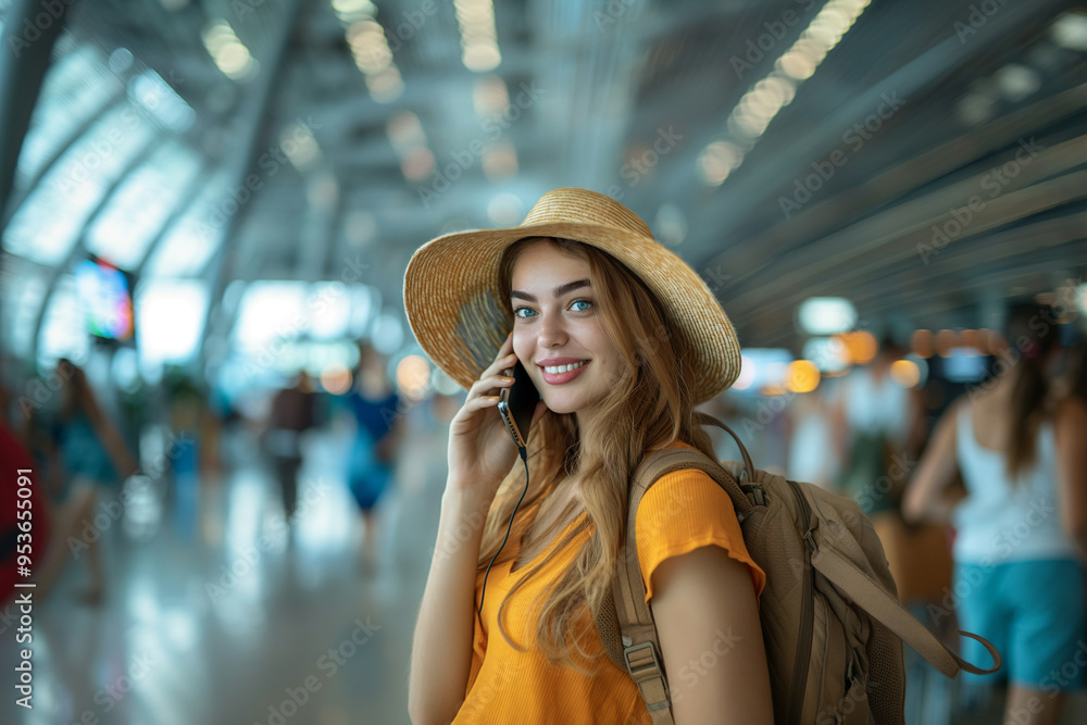 Happy arrived young woman traveler wearing sun hat using mobile phone at the airport. Happy travelling. Happy arrived young woman traveler wearing sun hat using mobile phone at the airport. Happy travelling.