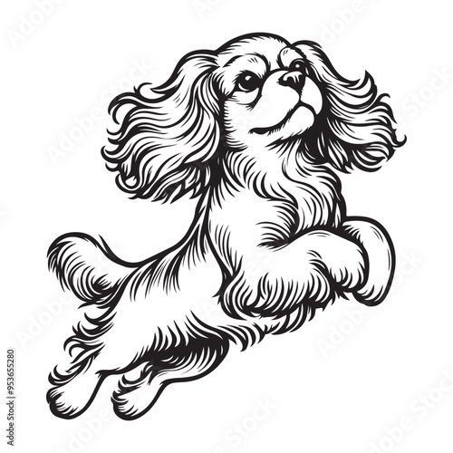 Line art of Cavalier King Charles Spaniel Dog jumping vector