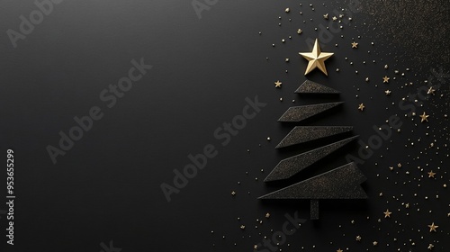 Minimalist black Christmas tree design with a gold star on top and scattered golden decorations on a dark background