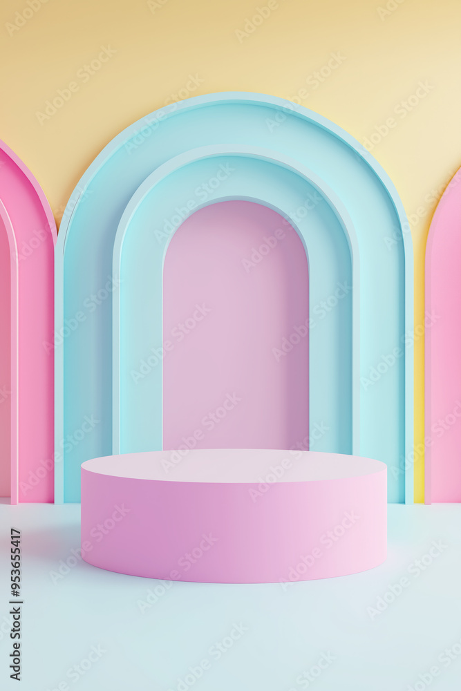 Pastel pink empty circular product display podium against backdrop of archways Pastel pink empty circular product display podium against backdrop of archways