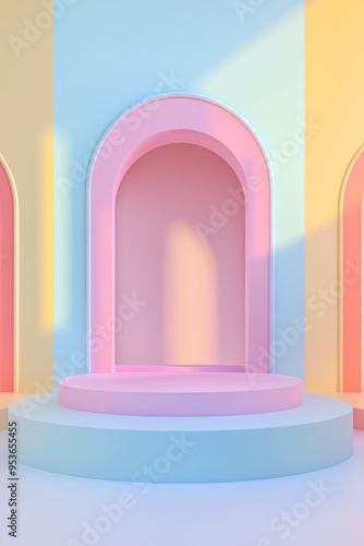 Pastel pink and blue empty circular staired product display podium against backdrop of archways