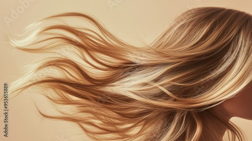 Lively hair cascading with soft waves on a beige backdrop, emphasizing natural movement, shine, and bounce.