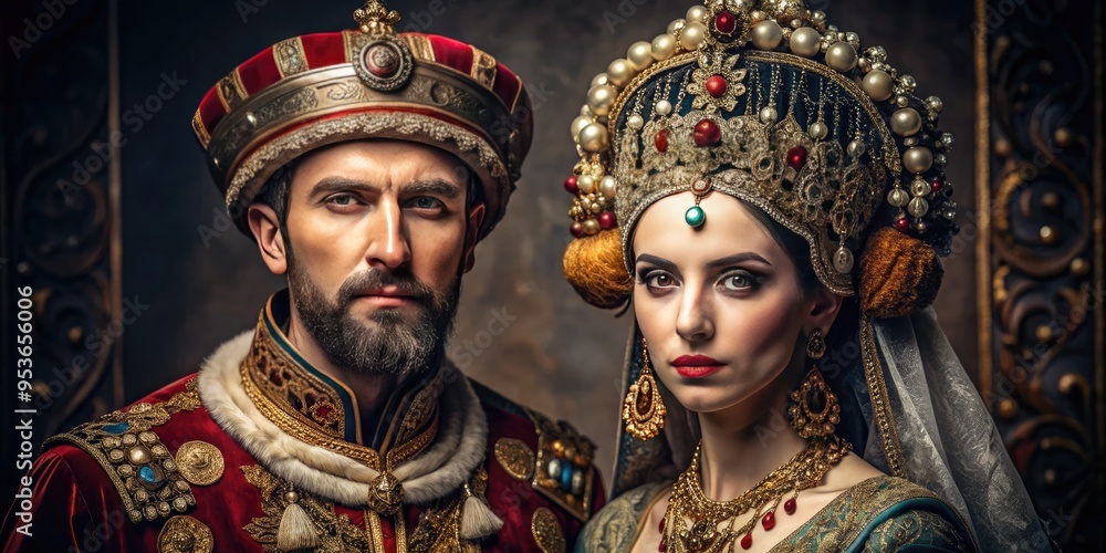 Obraz premium A Male And Female Wearing Elaborate Attire And Accessories, Symbolizing Royalty And Prestige.